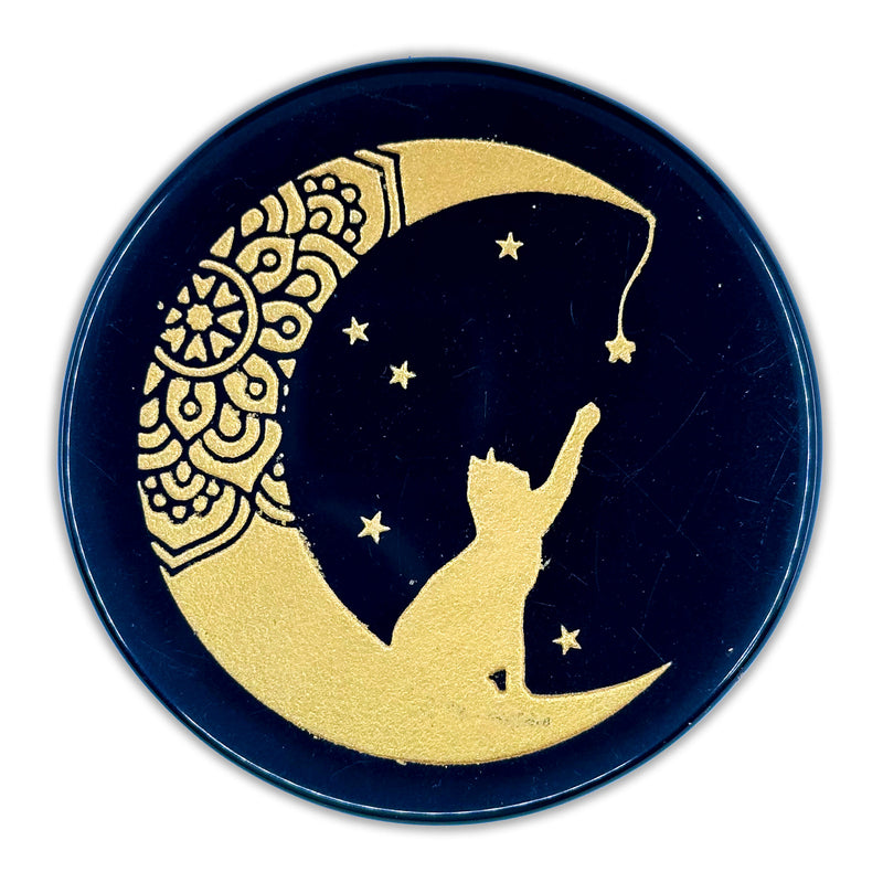 Black Obsidian Engraved Charging Plate - Cat Moon Design