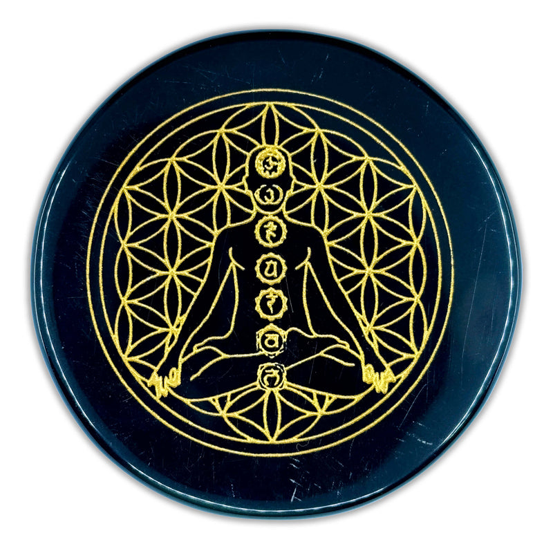 Black Obsidian Engraved Charging Plate - Chakra Buddha Design