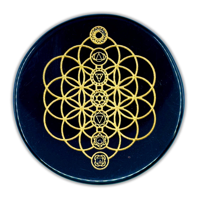Black Obsidian Engraved Charging Plate - Chakra Flower Design