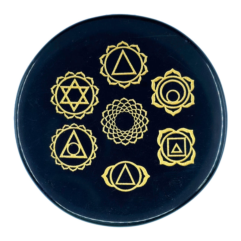 Black Obsidian Engraved Charging Plate - Chakra Symbol Design