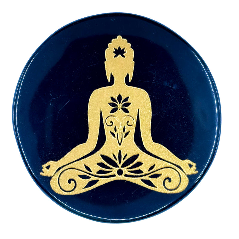Black Obsidian Engraved Charging Plate - Flower Buddha Design