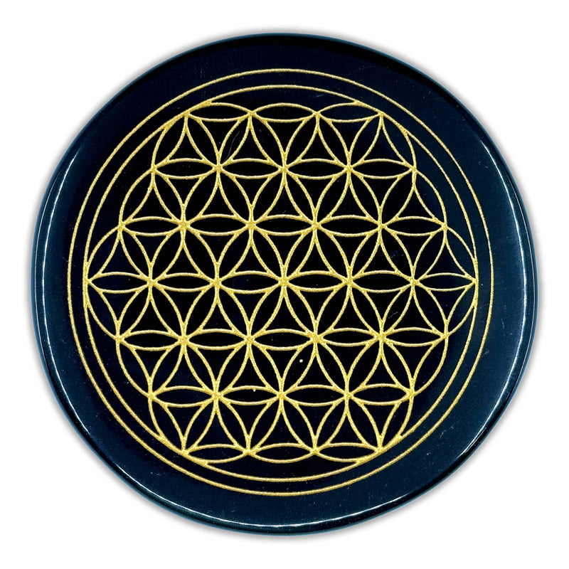 Black Obsidian Engraved Charging Plate - Mandala Design