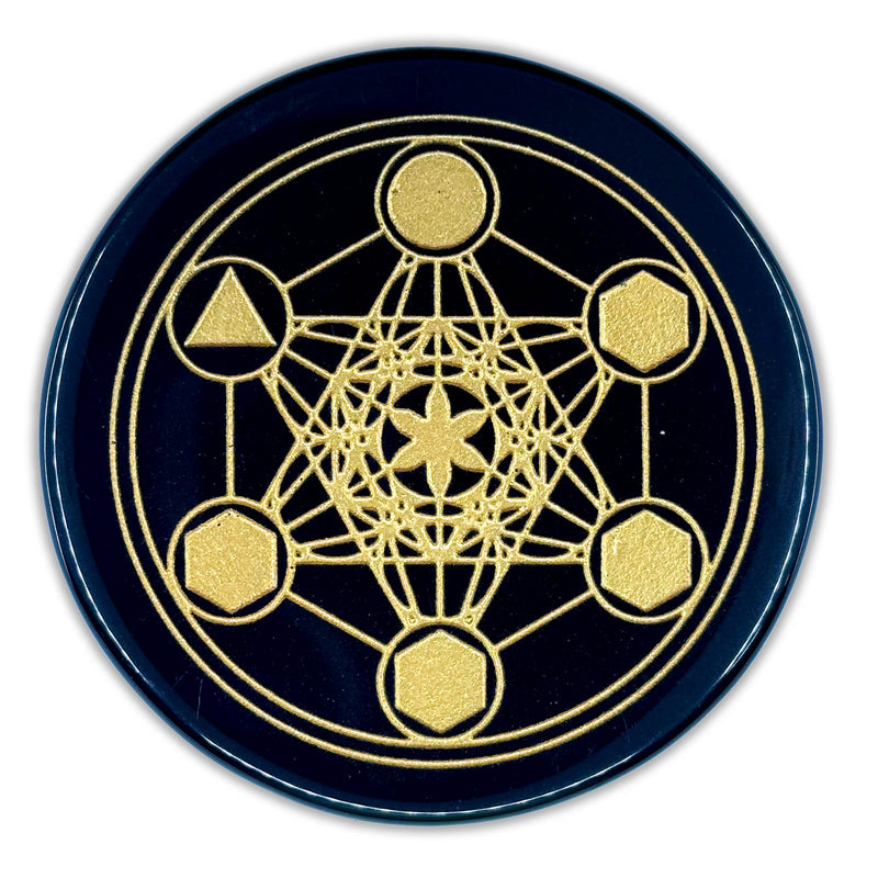 Black Obsidian Engraved Charging Plate - Metatron Design