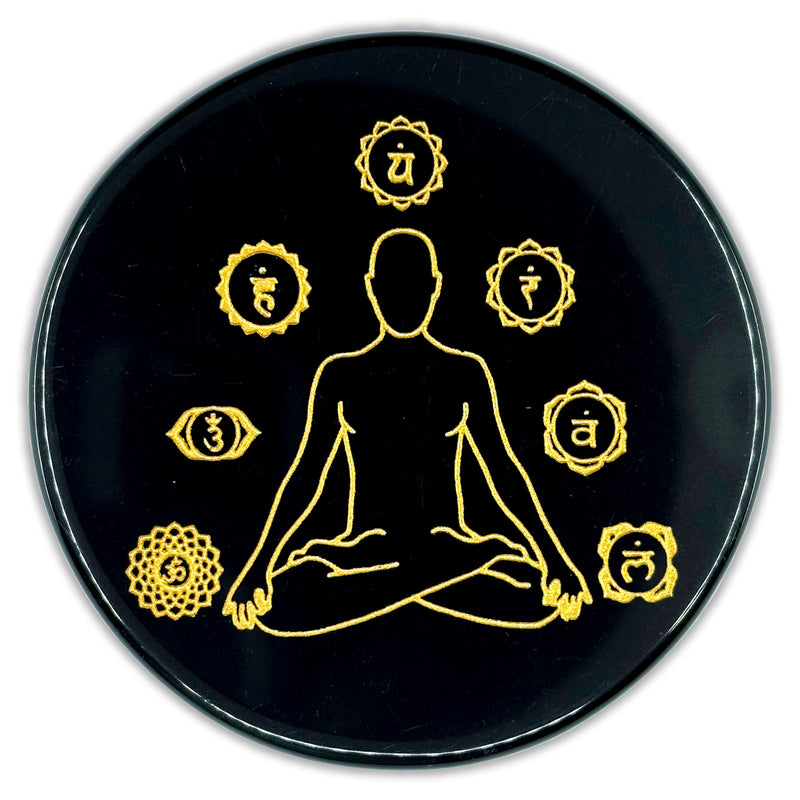 Black Obsidian Engraved Charging Plate - Yogi Chakra Design