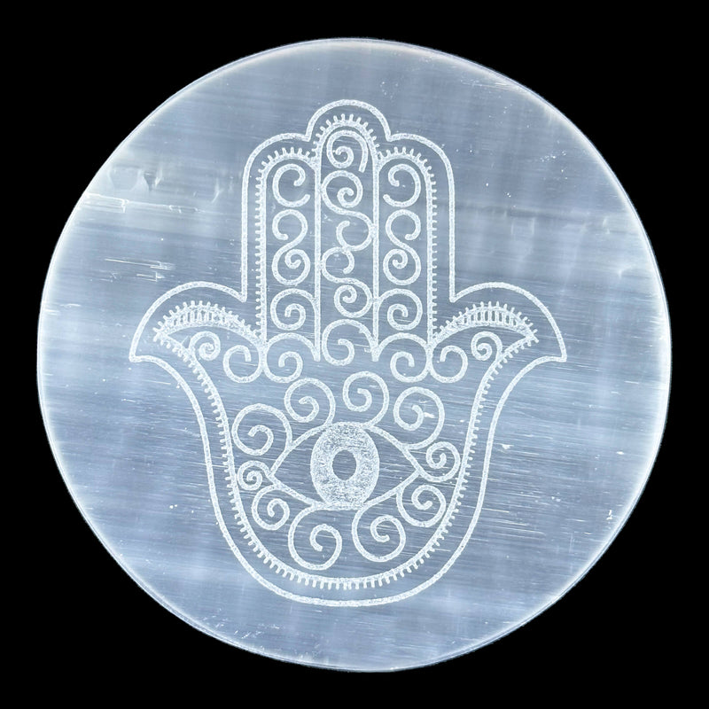 Selenite Engraved Charging Plate - Hamsa Design