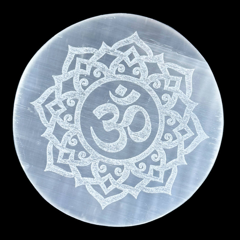Selenite Engraved Charging Plate - Om Design