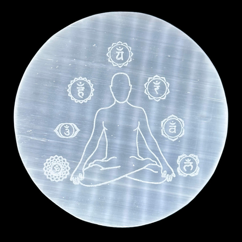 Selenite Engraved Charging Plate - Yogi Chakra Design
