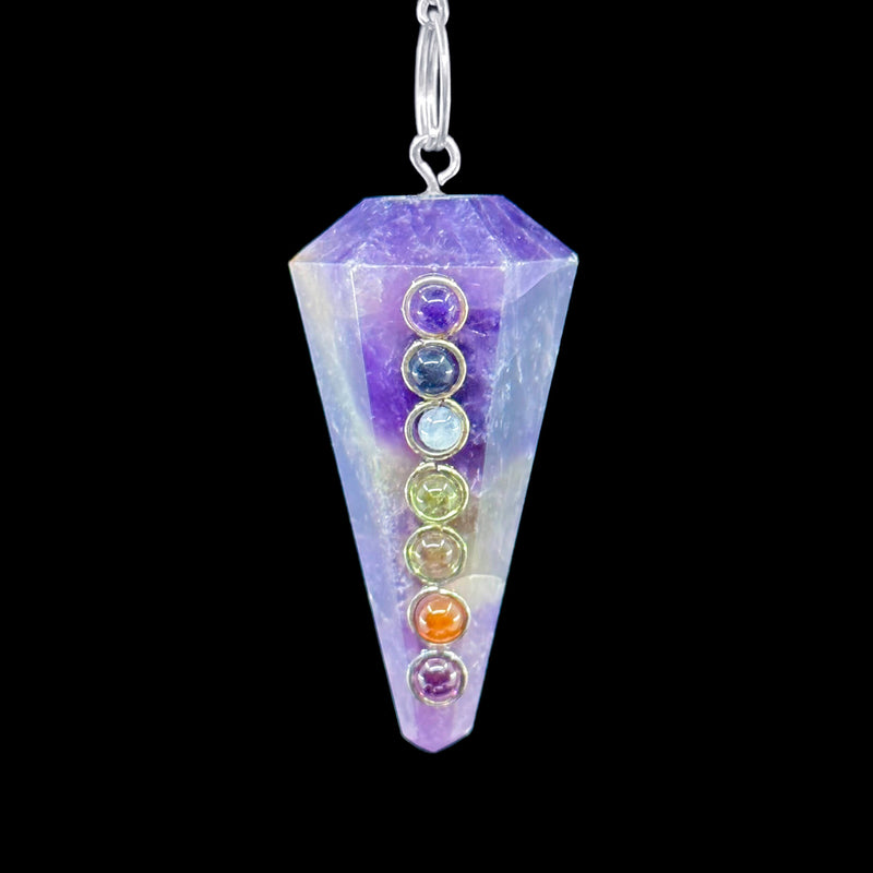 6 Faceted Pendulum with 7 Chakra Cabochons - Amethyst