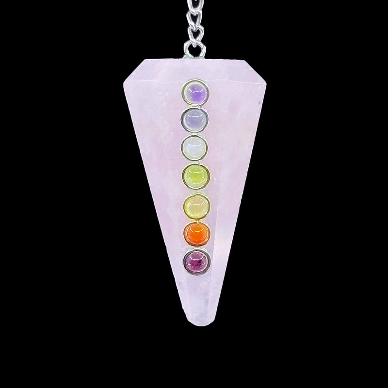 6 Faceted Pendulum with 7 Chakra Cabochons - Rose Quartz