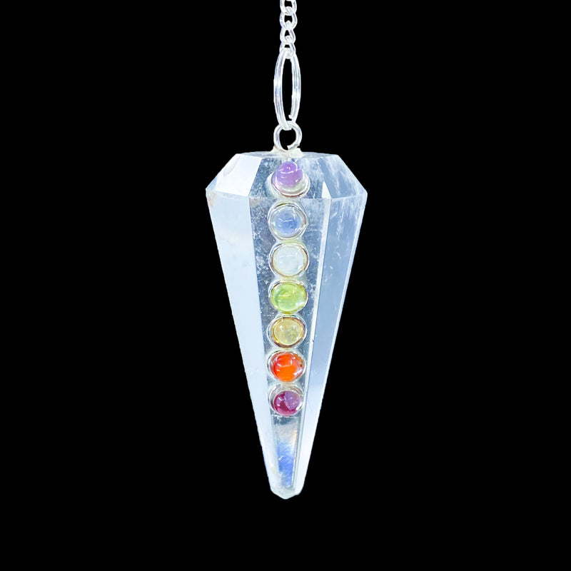 6 Faceted Pendulum with 7 Chakra Cabochons - Crystal