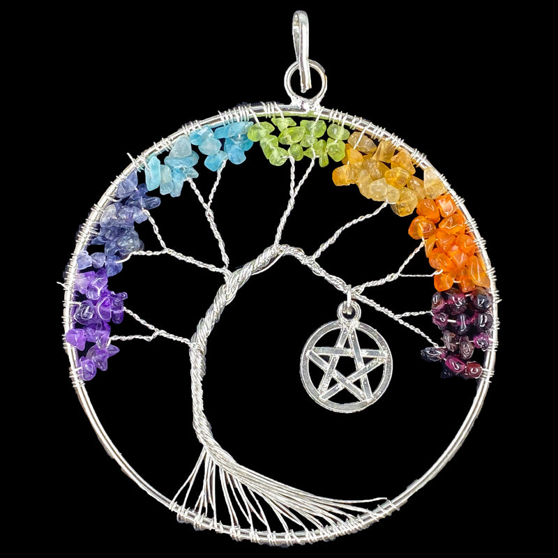 Big Curved Chakra Tree of Life Pendant with Pentacle
