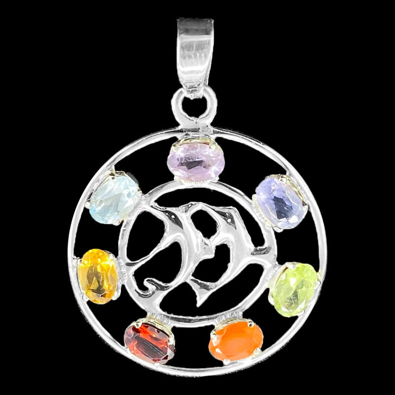 Double Dolphin Circle Chakra Silver Pendant