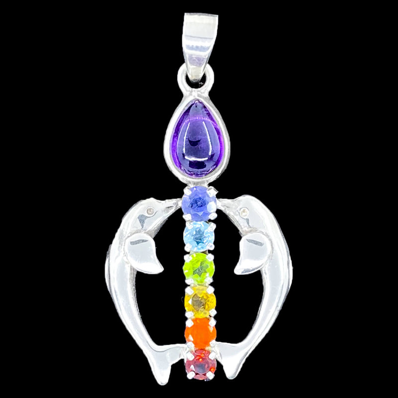 Double Dolphin Chakra Silver Pendant