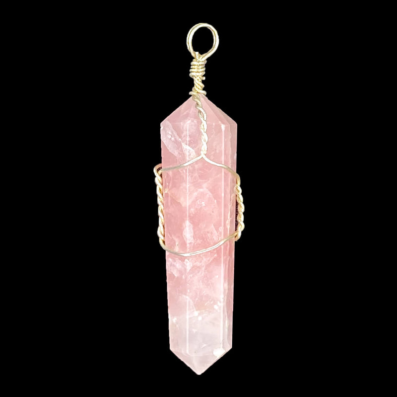 Double Terminated Wire Wrap Pencil Pendant - Rose Quartz