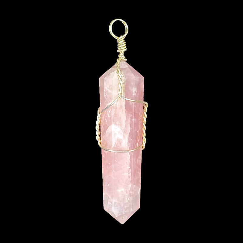 Double Terminated Wire Wrap Pencil Pendant - Rose Quartz