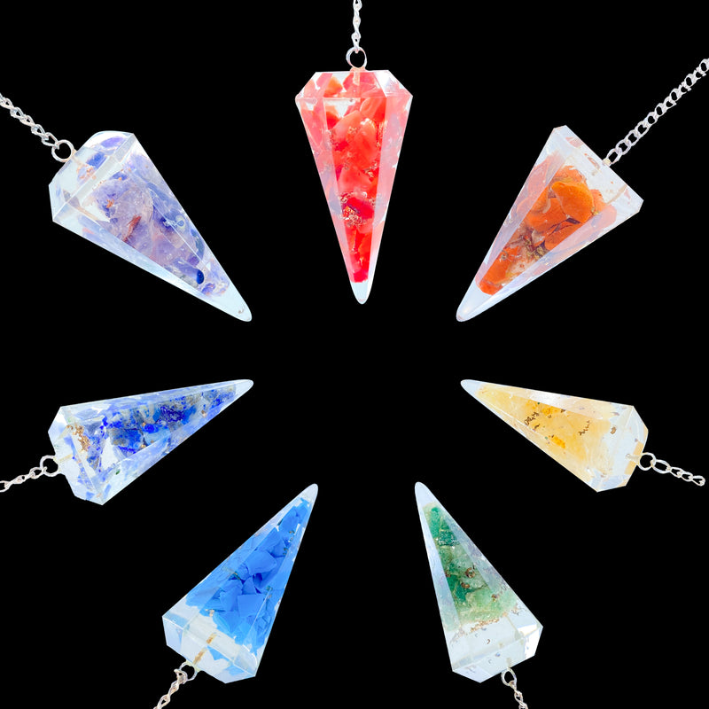 7 Chakra Faceted Orgonite Pendulum Set
