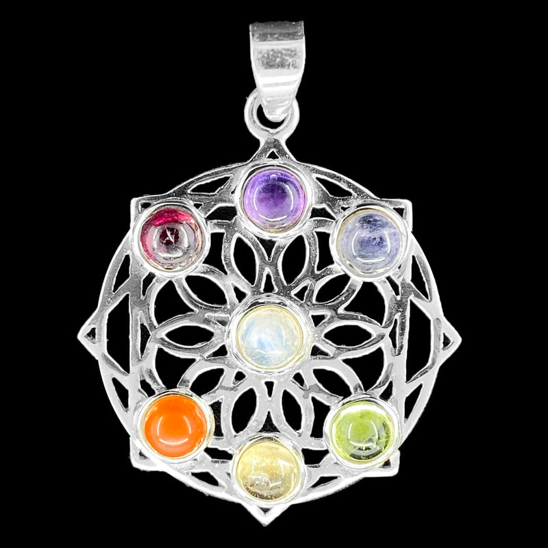 Pointy Mandala Centre Cabochon Chakra Silver Pendant