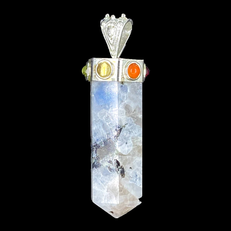 Cap Pencil Pendant with 7 Chakra Cabochons on Cap - Rainbow Moonstone
