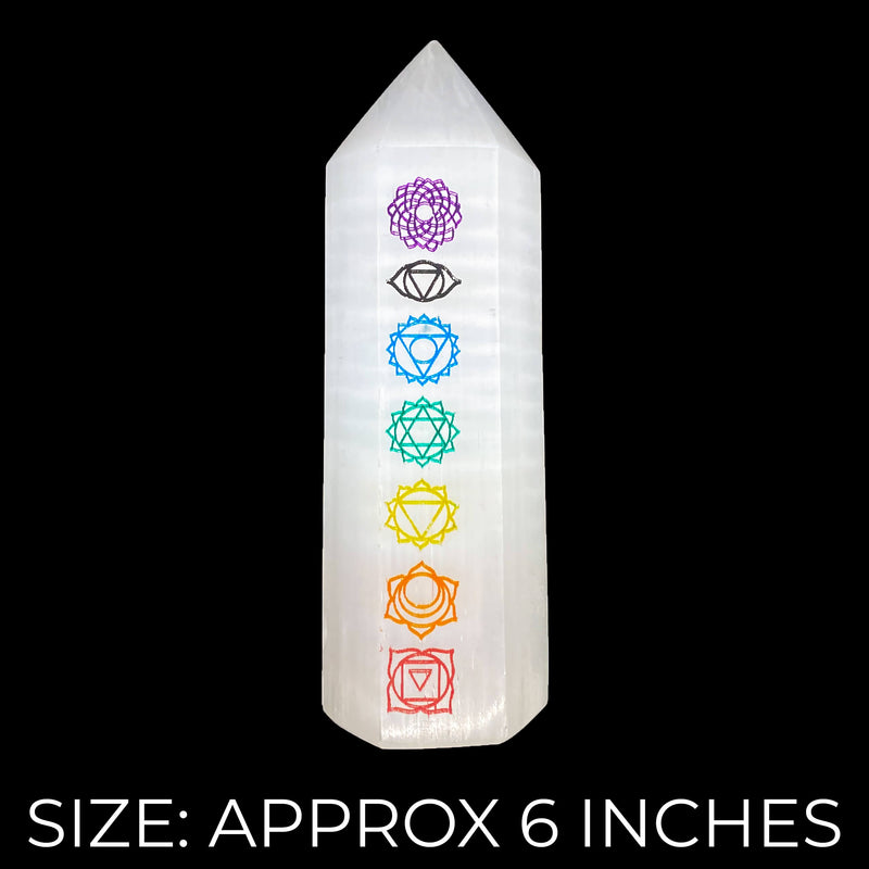 Selenite Chakra Engraved Tower